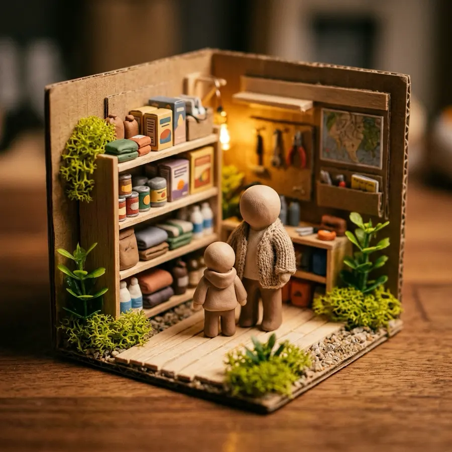 クレイで作られた親子のミニチュアフィギュアが、備えの棚のそばに並んでいる。