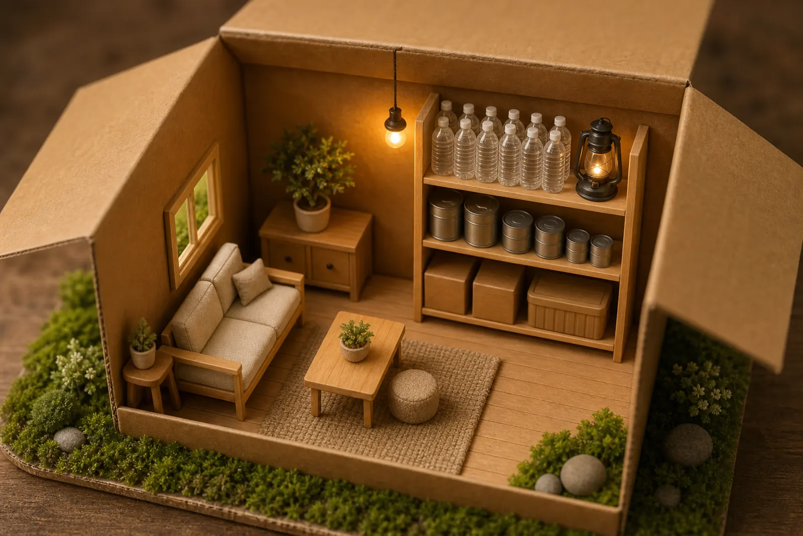 切り開いた段ボール箱の中に作られたミニチュアの部屋。豆電球のランプが灯り、木の棚に水・食料・灯りの備えが並ぶジオラマ。
